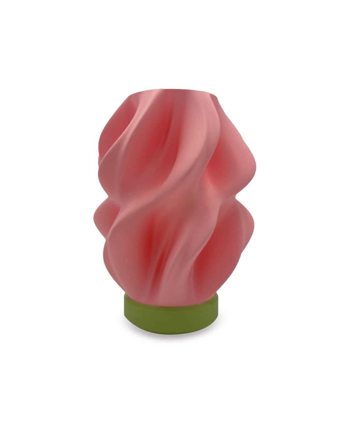 3D-gedruckte Leuchte LIVIA mit gedrehtem Schirm in peach pink und Fuß in matcha green, freigestellt vor weißem Hintergrund